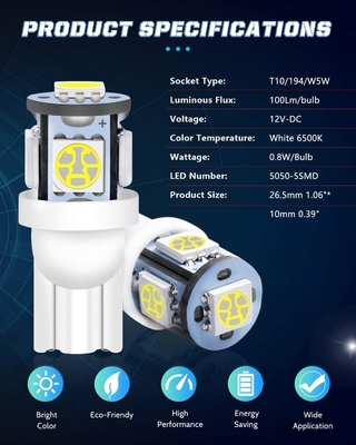 194 স্বয়ংচালিত LED লাইট বাল্ব 6500K ওয়েজ T10 SMD 5050 চিপস