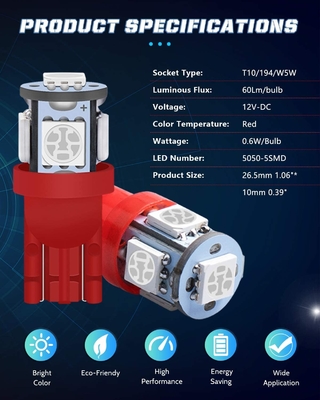 194 স্বয়ংচালিত LED লাইট বাল্ব 6500K ওয়েজ T10 SMD 5050 চিপস
