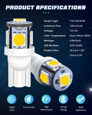 194 স্বয়ংচালিত LED লাইট বাল্ব 6500K ওয়েজ T10 SMD 5050 চিপস