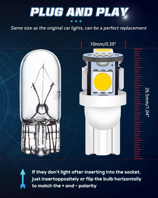 194 স্বয়ংচালিত LED লাইট বাল্ব 6500K ওয়েজ T10 SMD 5050 চিপস