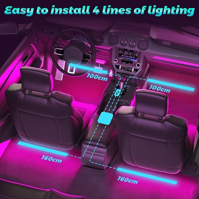 4 Pcs 48 LED স্ট্রিপ কার ইন্টেরিয়র অ্যাটমোস্ফিয়ার লাইট IP65 ইউএসবি পোর্ট অ্যাপ কন্ট্রোল সহ